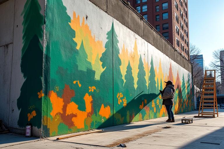 鮮やかなストリートアート壁画の制作風景